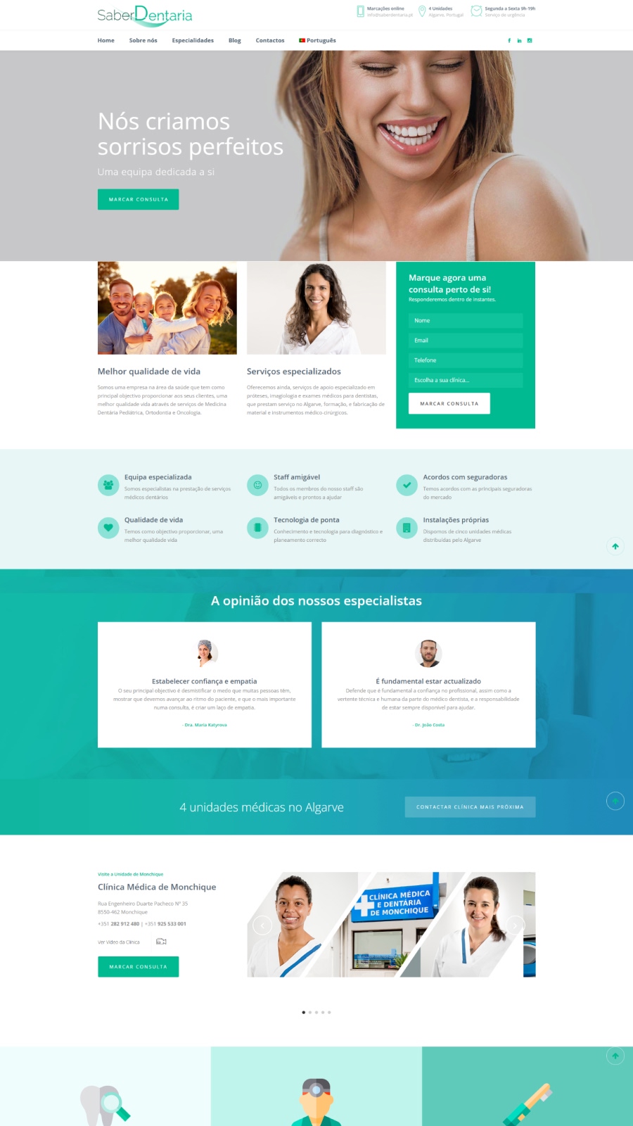 Website for a dental clinic showcasing treatments, medical staff, and appointment scheduling.